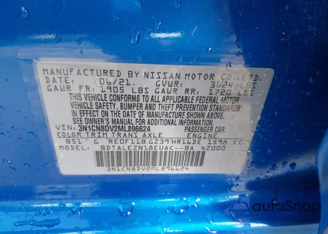 2021 Nissan Versa S Xtronic Cvt из США, поврежденный, VIN 3N1CN8DV2ML896624